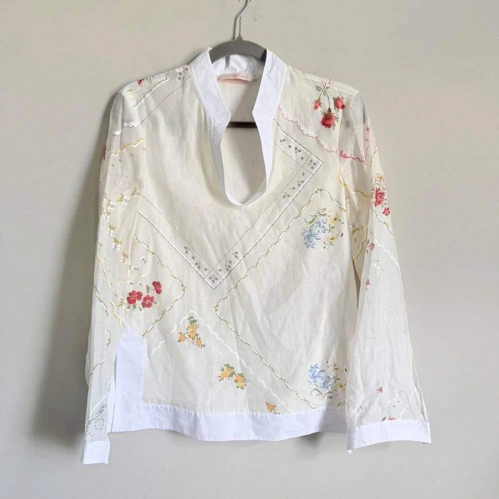 Tory Burch Handkerchief Embroidered Tunic Floral Print Split Neck Top Size 2